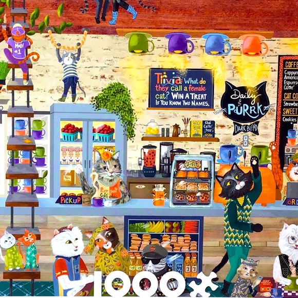 🐈 CEACO ‘Cat Cafe’ 1000+EZ-2-Hold Larger Size Pieces Jigsaw Puzzle with Poster - Picture 1 of 9